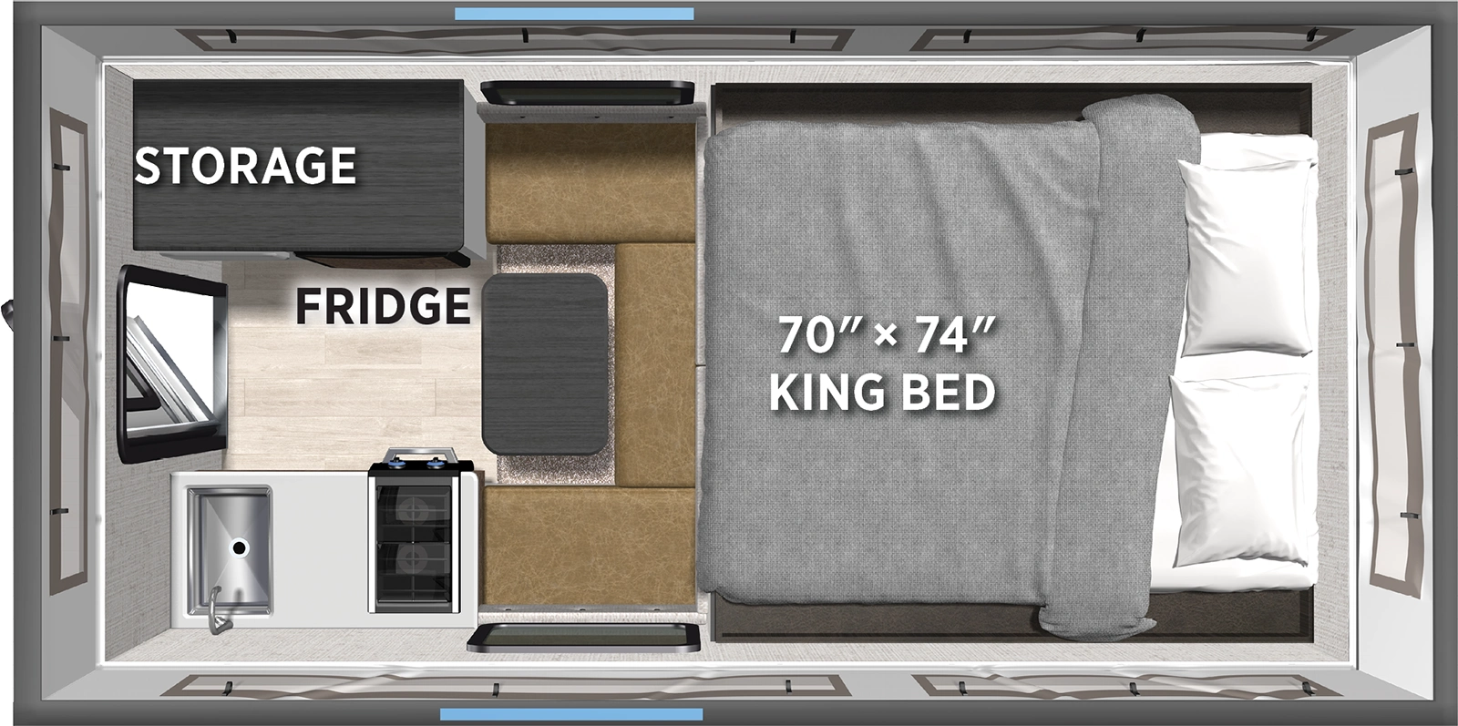The Real Lite Truck Camper SS-1600 floorplan features include: 